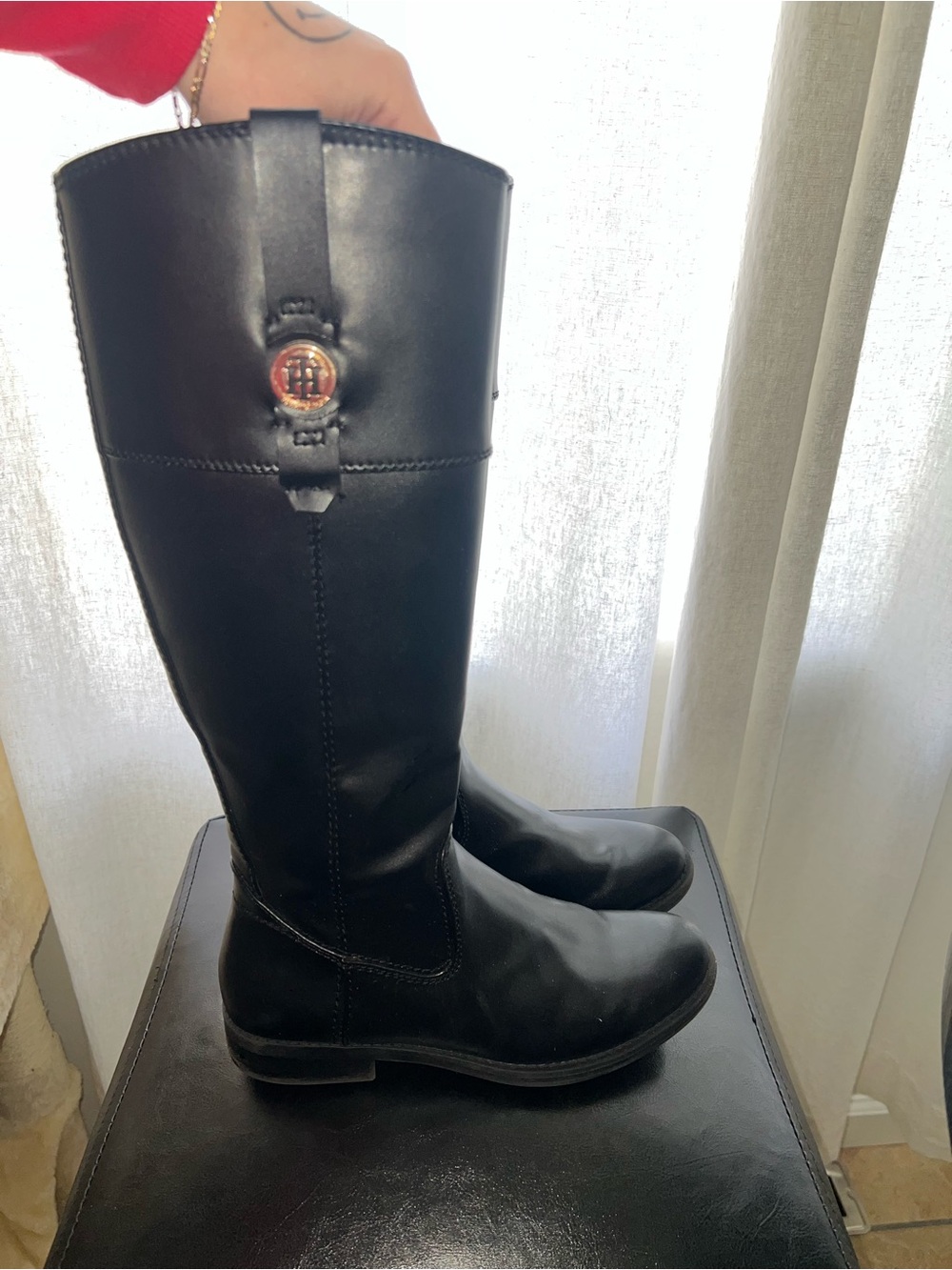 Tommy Hilfiger Black Leather Riding Boots with Gold Logo Accents